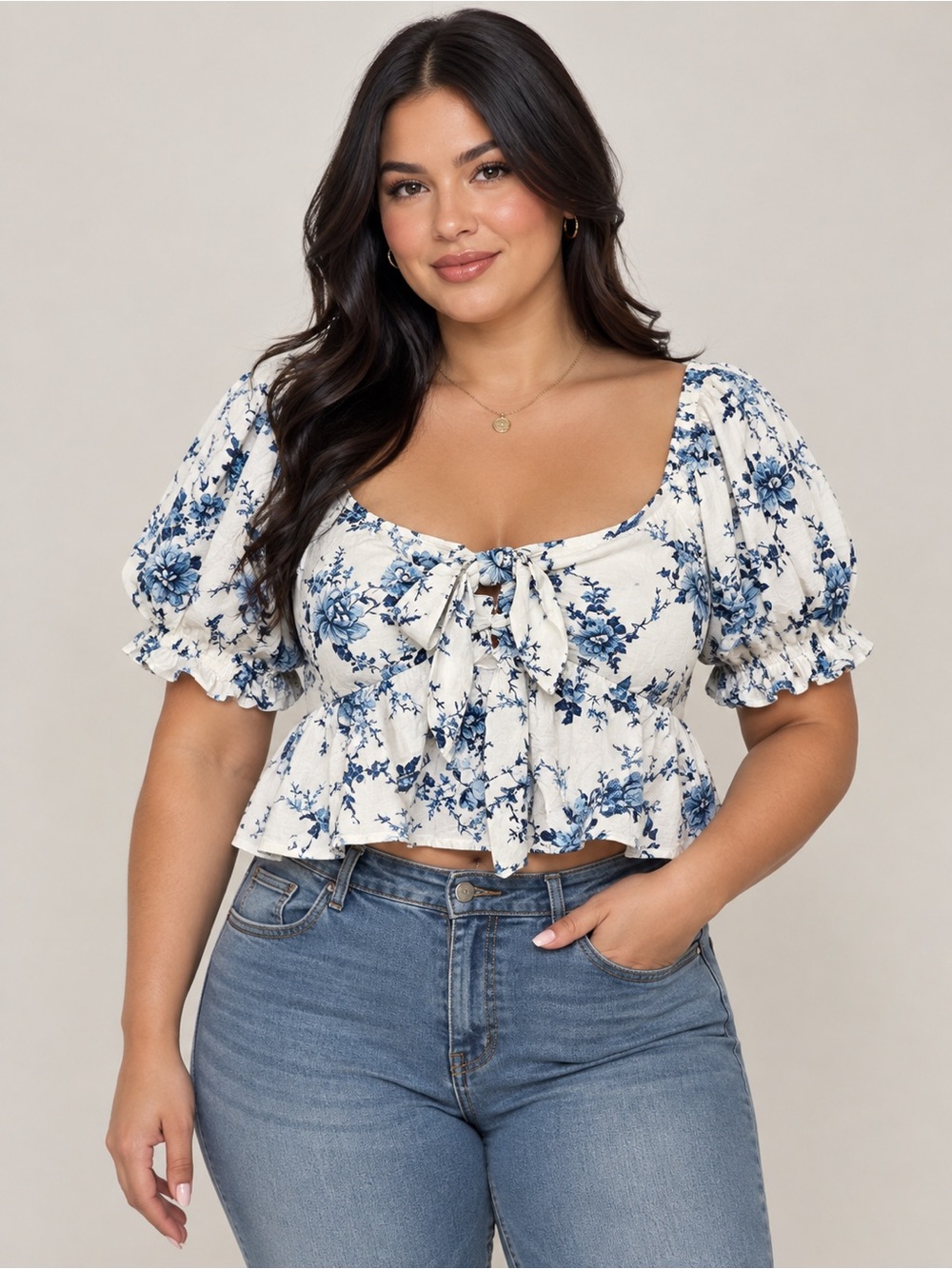 Sienna Sky White Floral Tie-Front Puff Sleeve Crop Top